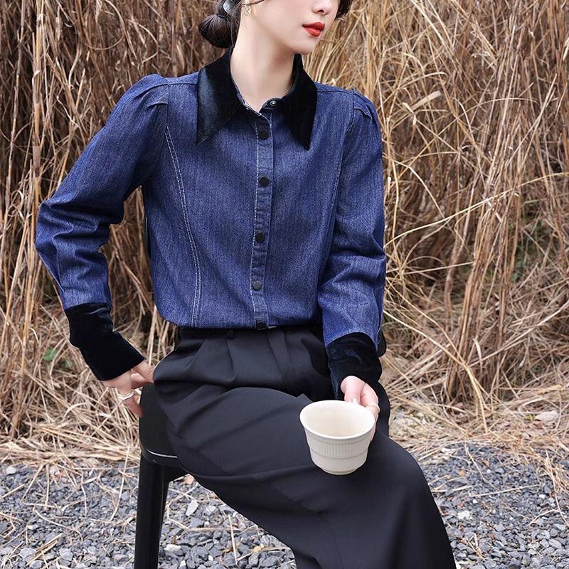 

Модная джинсовая рубашка с длинным рукавом для женщин, с контрастной строчкой, бархатным воротником, пышными рукавами, свободного кроя, нишевый топ S синий