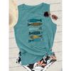 Women's fishnet tank top Colorful fake bait fish print round neck casual loose summer vest Fashionable and elegant tops for commuting, vacation, and