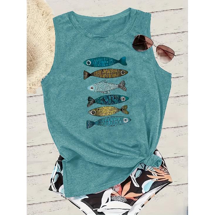 Women's fishnet tank top Colorful fake bait fish print round neck casual loose summer vest Fashionable and elegant tops for commuting, vacation, and