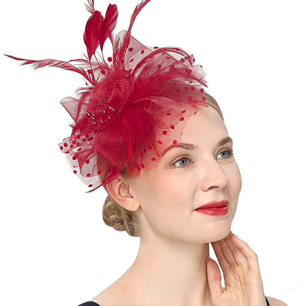 [XGOPTS] Cocktail Hat Wedding Hat Retro European Style Elegant Headpiece Aristocratic Formal Hat Mesh Pearl Artificial Feather Mini Toque Hat Hair