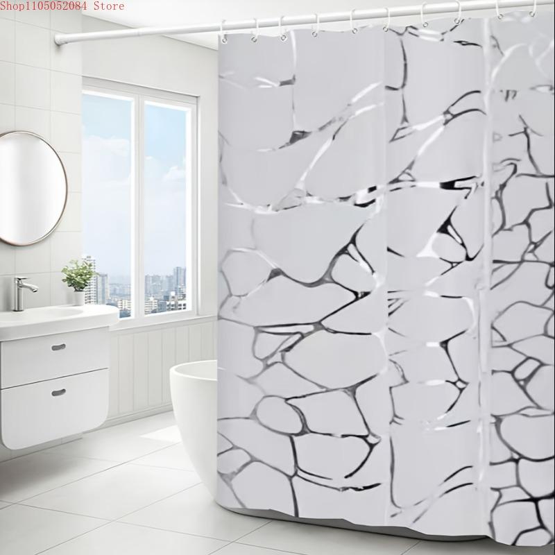 1Pc Veined Silvery Bath Curtain Matching Hooks- With Hooks Waterproof Mildew Proof Easy Install Washable
