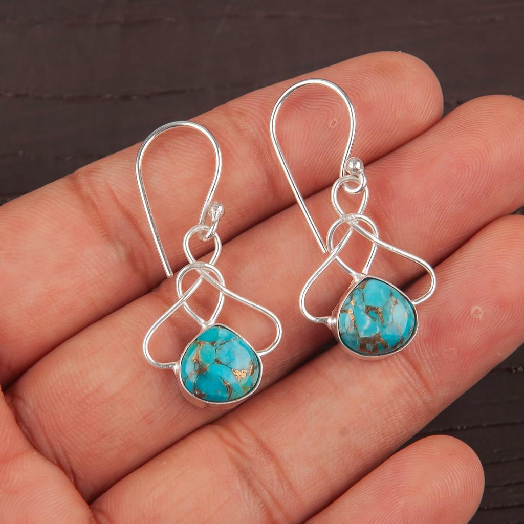 Natural Blue Copper Turquoise Gemstone 925 Solid Silver Jewelry Earrings 1.50" EE-2-38