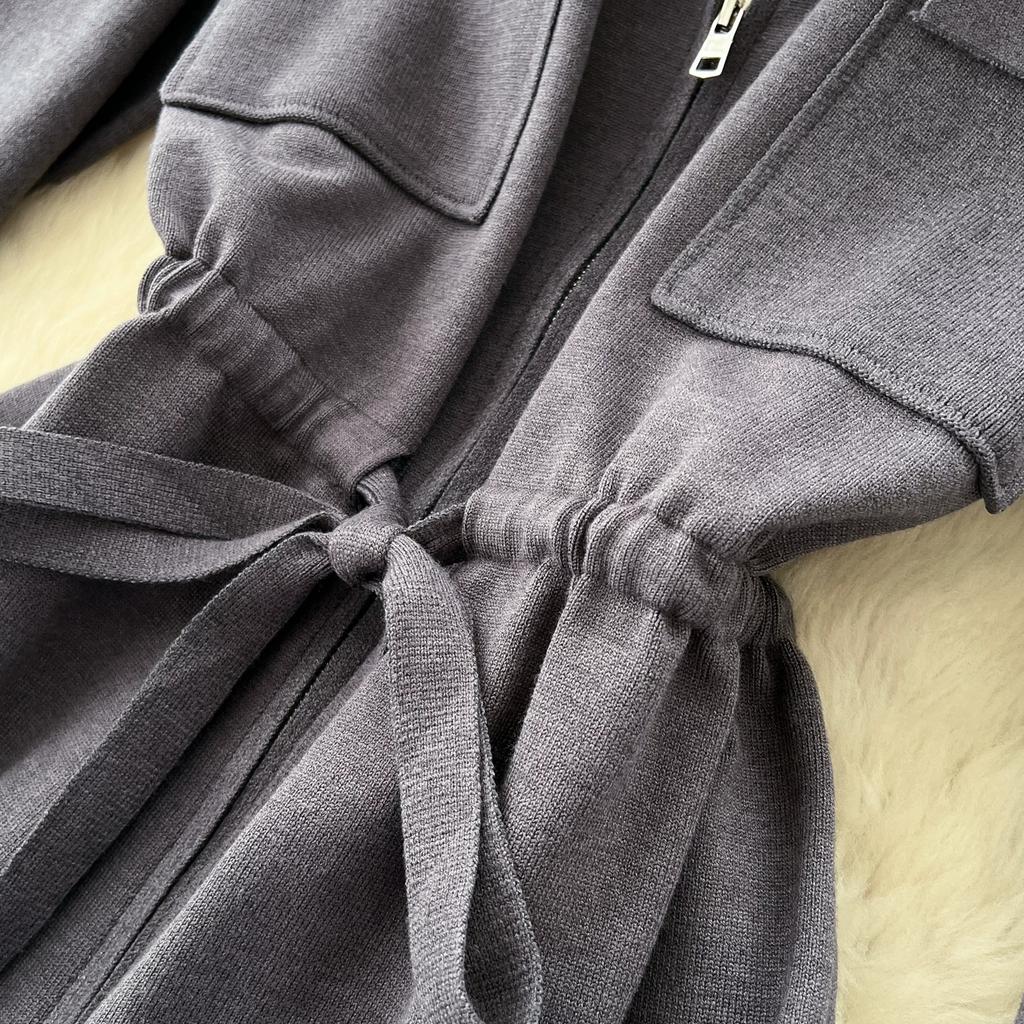 2026 Fall/Winter Lace-Up Casual Stand Collar Knitted Cardigan and High-Waisted Wide-Leg Pants Knitted Two-Piece Set for Women Tracksuit Women
