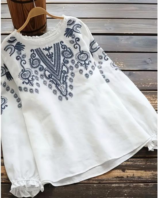 

Блузка с вышивкой и оборками больших размеров, повседневный весенний топ с длинными рукавами, женская одежда больших размеров