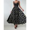 Women's Summer Lemon Floral Print Spaghetti Strap Midi Dress Tie Front Low Cut High Waist Side Slit Elegant Vacation Party Dress