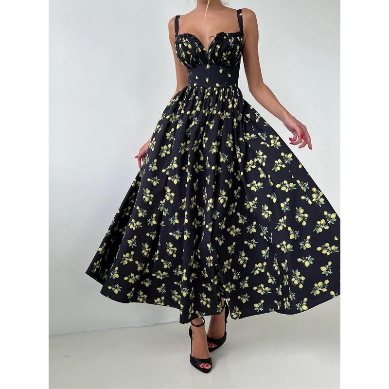 Women's Summer Lemon Floral Print Spaghetti Strap Midi Dress Tie Front Low Cut High Waist Side Slit Elegant Vacation Party Dress
