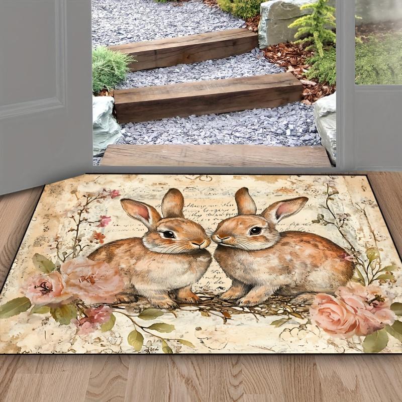 VIKAMA Vintage Rabbit Floral Doormat Front Door Non-Slip Welcome Mat Bedroom & Kitchen Rug Easter Home Decor