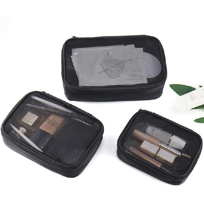 Mesh Makeup Bag, 3 Pcs Makeup Bag Set, Lightweight Mesh Cosmetic Bag with Zipper (S, M, L)