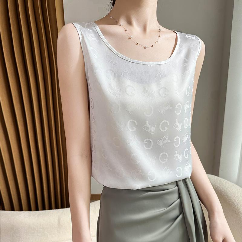 Acetate Satin Round Neck Printed Vest for Women In Summer Simple Smooth and Versatile Sleeveless Suspender Soft and Comfortable Top