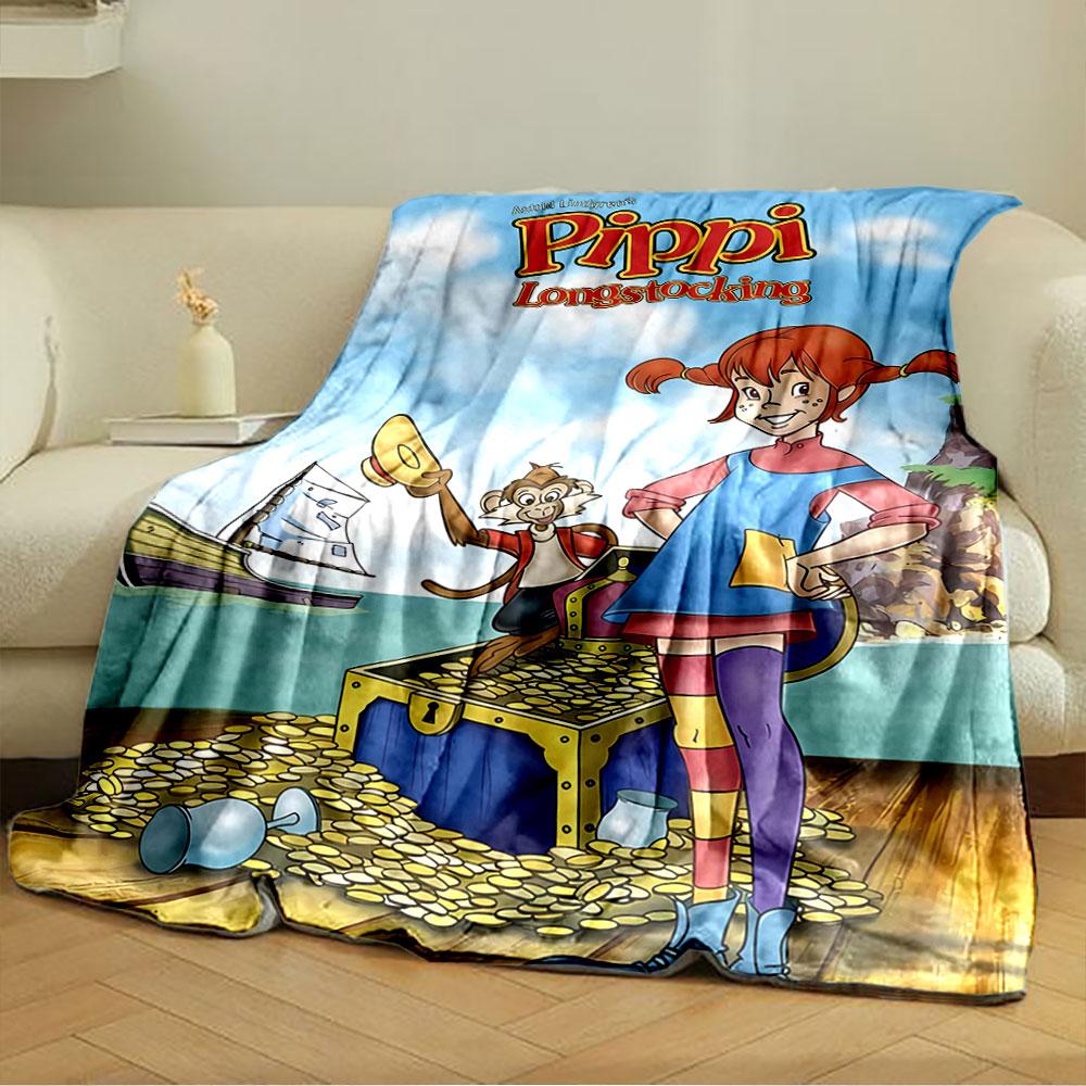 A Cheerful Red-haired Girl with Striped Stockings Stands by Treasure. for All Seasons Blanket Lunch Break Throw Gift