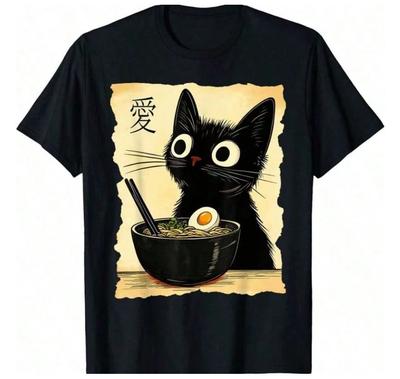 NEW NEW Funny Cat Ramen Graphic Tee Japanese Kawaii Anime Cat T-Shirt