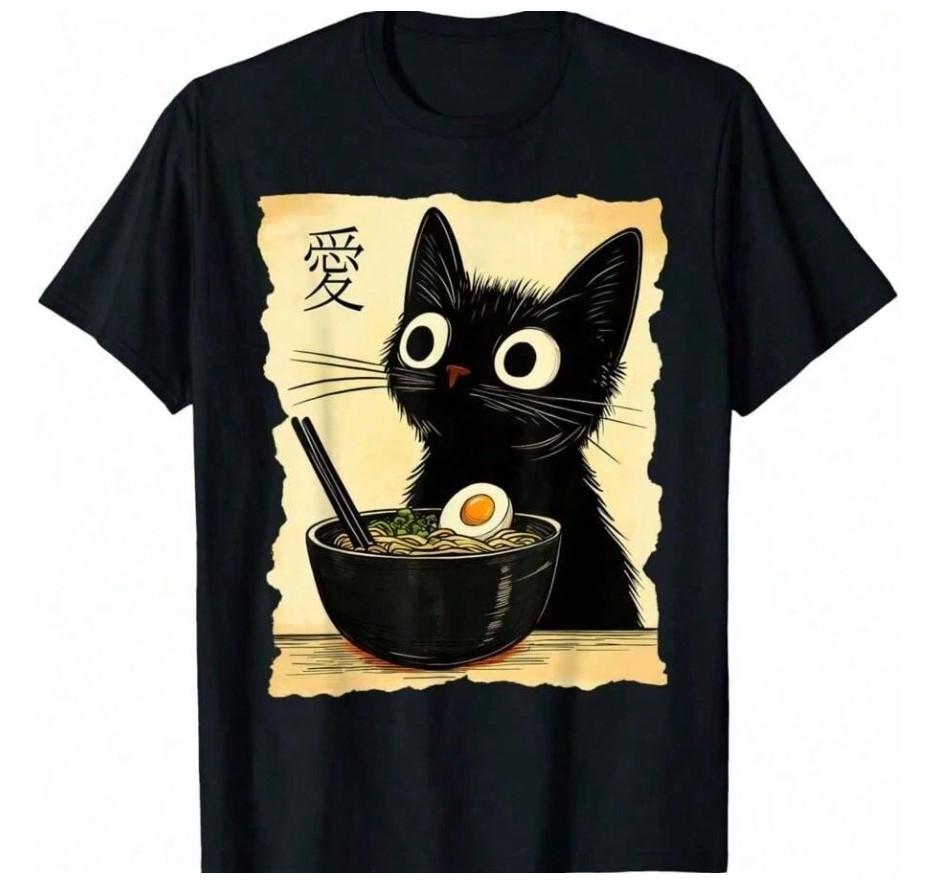 

NEW NEW Funny Cat Ramen Graphic Tee Japanese Kawaii Anime Cat T-Shirt 3XL