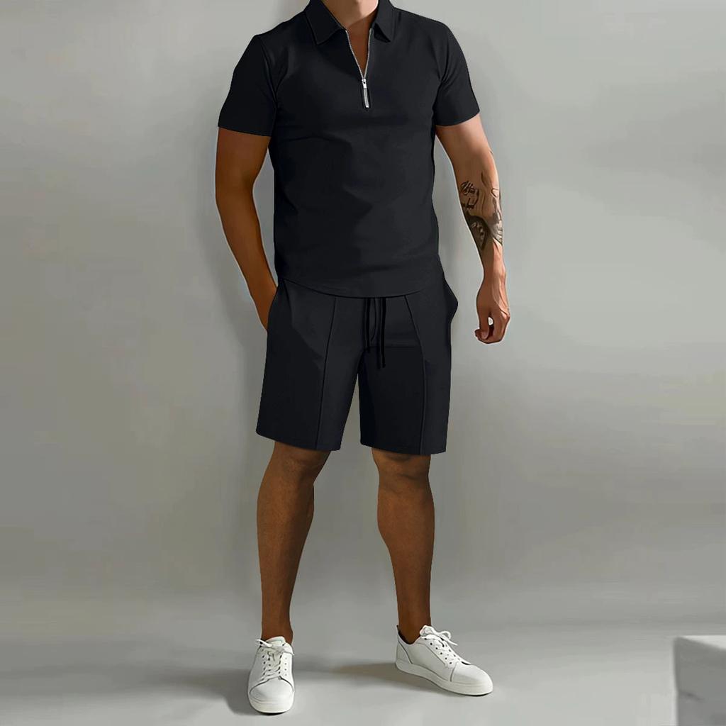 Spring/Summer Men's Sets Lapel Zipper Short-Sleeved Polo Drawstring Shorts 2-Piece Set Fashion Daily Suit Sports Fitness Clothes