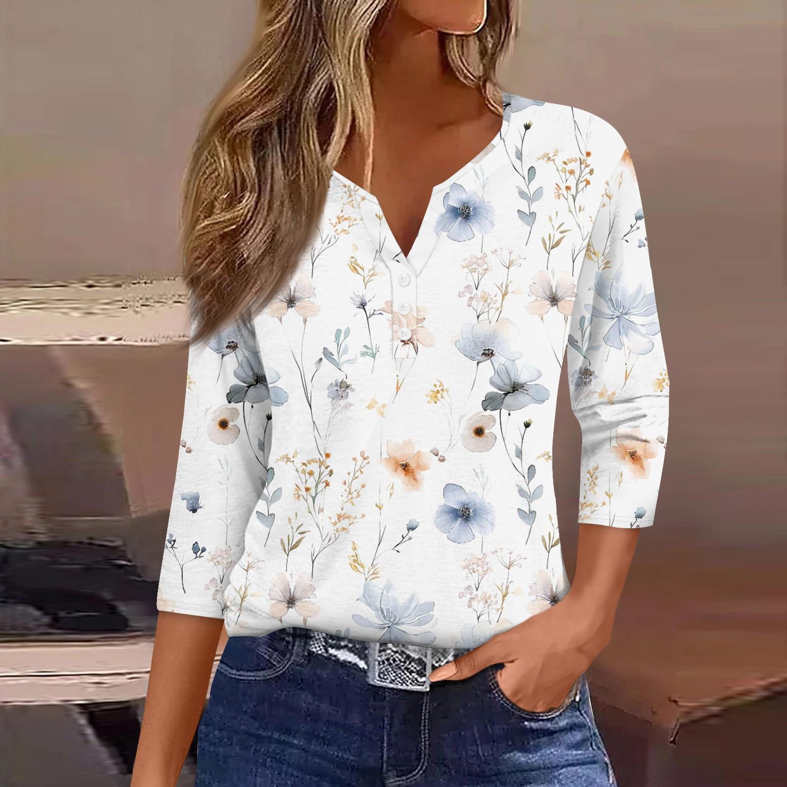 

Жен. Футболка Футболка С принтом Пуговицы Рукав 3/4 Повседневные Выходные Мода Классический Классический V-образный вырез Обычный Верх XL бежевый