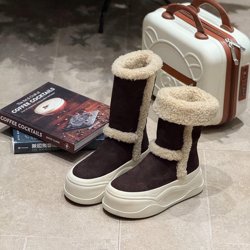 Muffin thick-soled two-wearing snow boots women's new winter velvet warm non-slip matte cowhide high boots