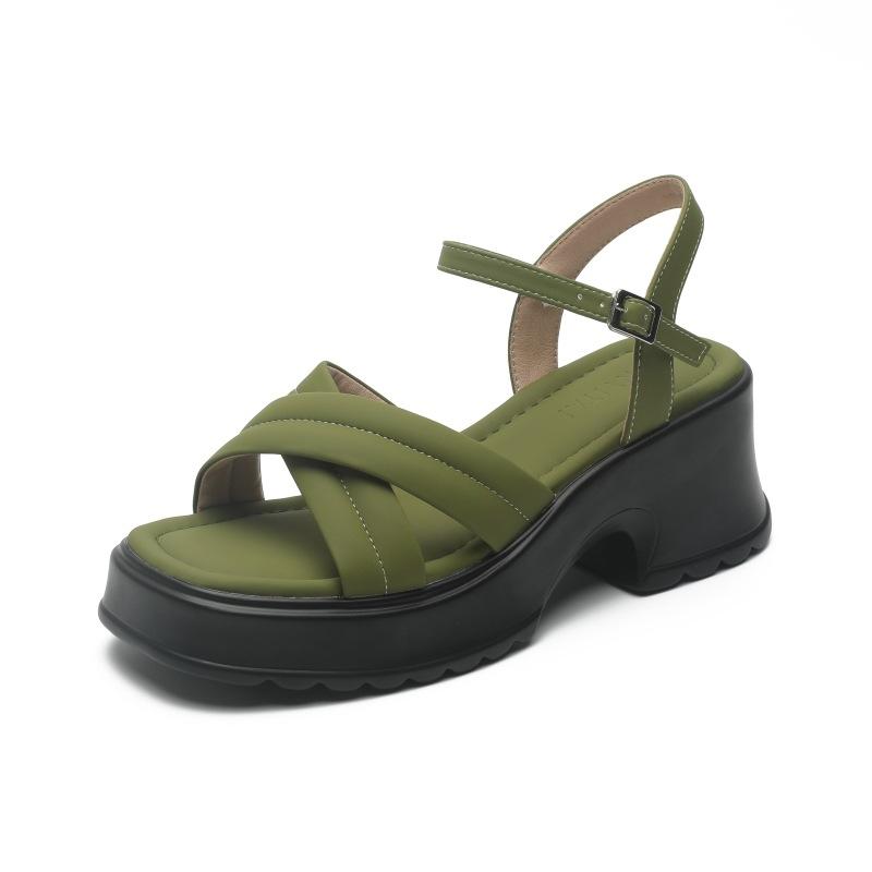 [Sennepsgrønn CHAO hvit] Romerske plattformsandaler med tykk hæl for kvinner høy hæl kryssrem én-ords spennesko