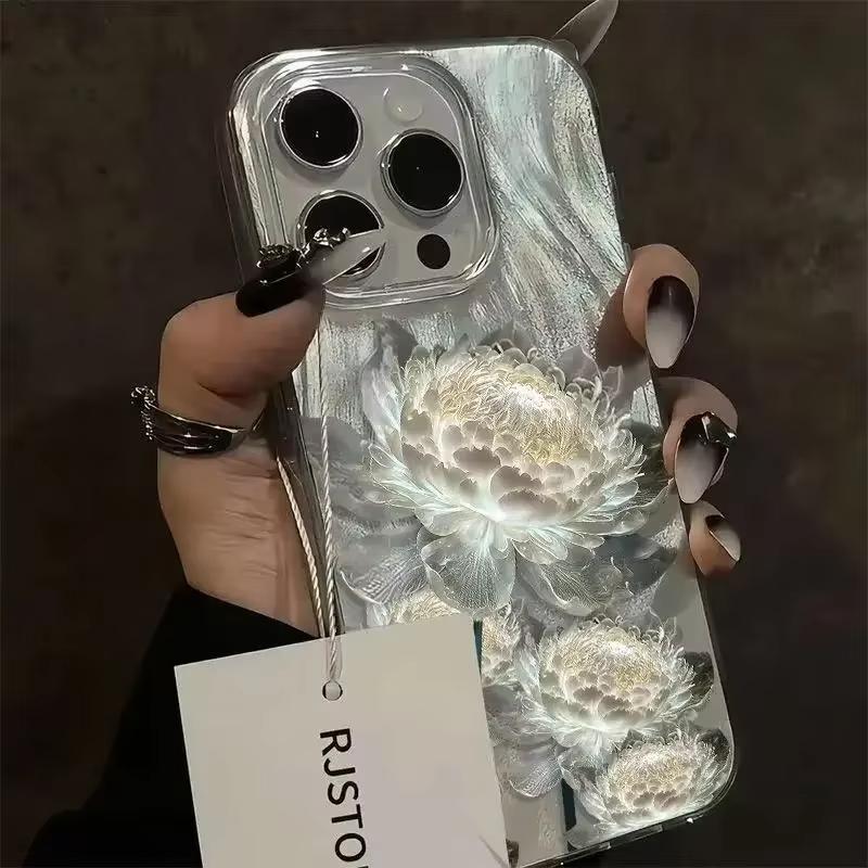 Five Golden Lotus Pattern Phone Case for IPhone 11 13 14 15 16 17 Pro Max 14 15 Plus X XS Max XR 16e Feather Texture Hard Cover