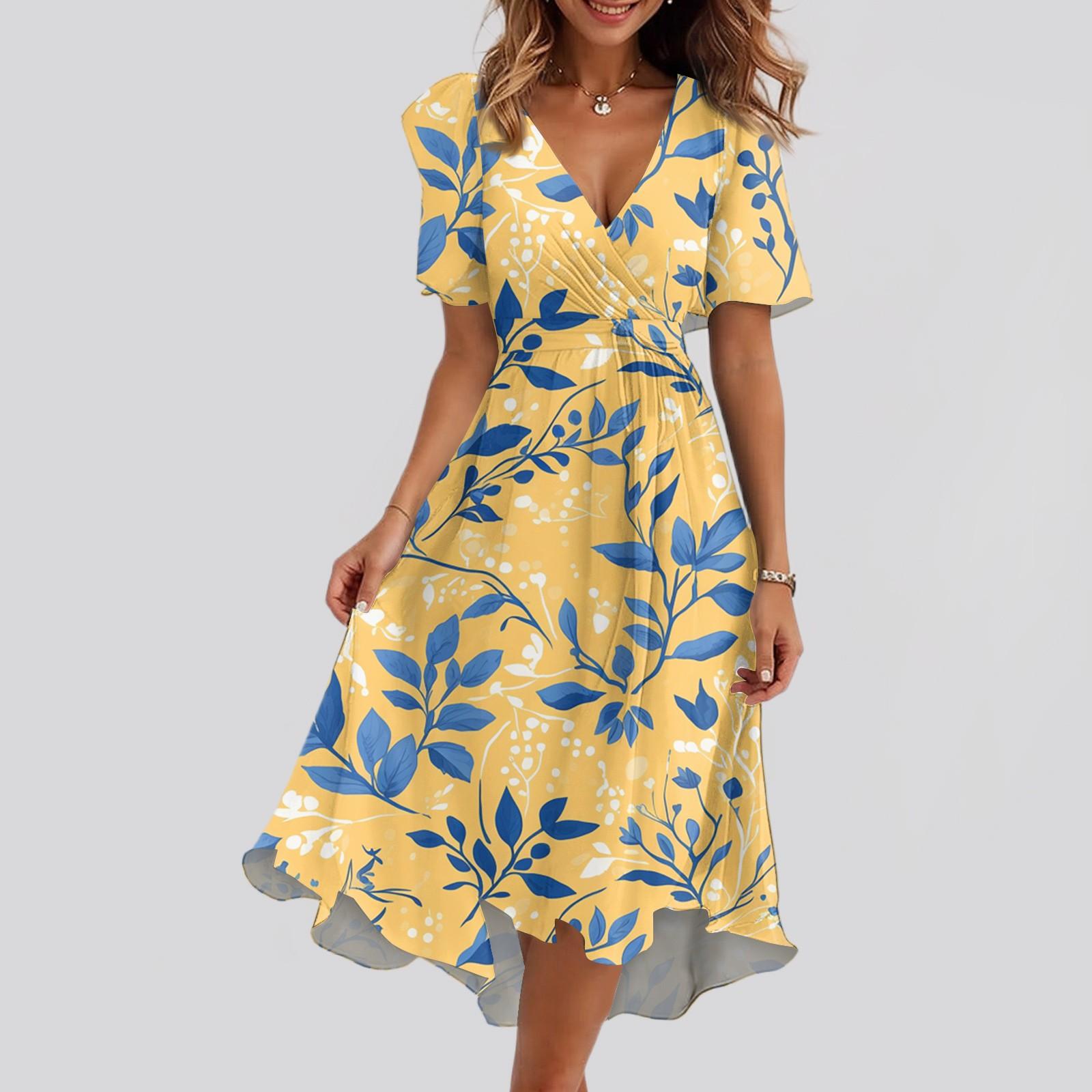 

Женское свободное повседневное платье с V-образным вырезом, расклешенная юбка, короткие рукава, напечатанное платье с принтом M жёлтый