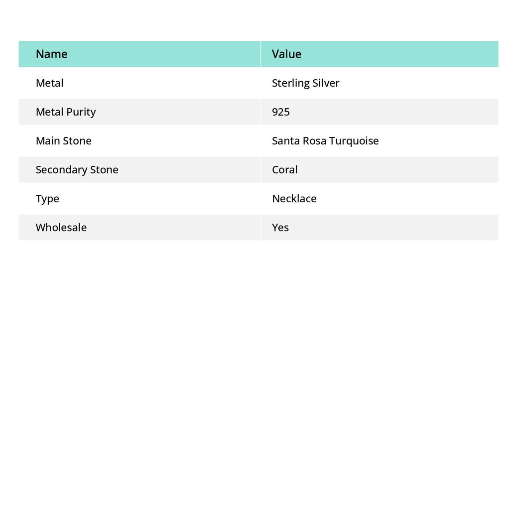 Natural Santa Rosa Turquoise, Coral 925 Sterling Silver Necklace 18" c1e72