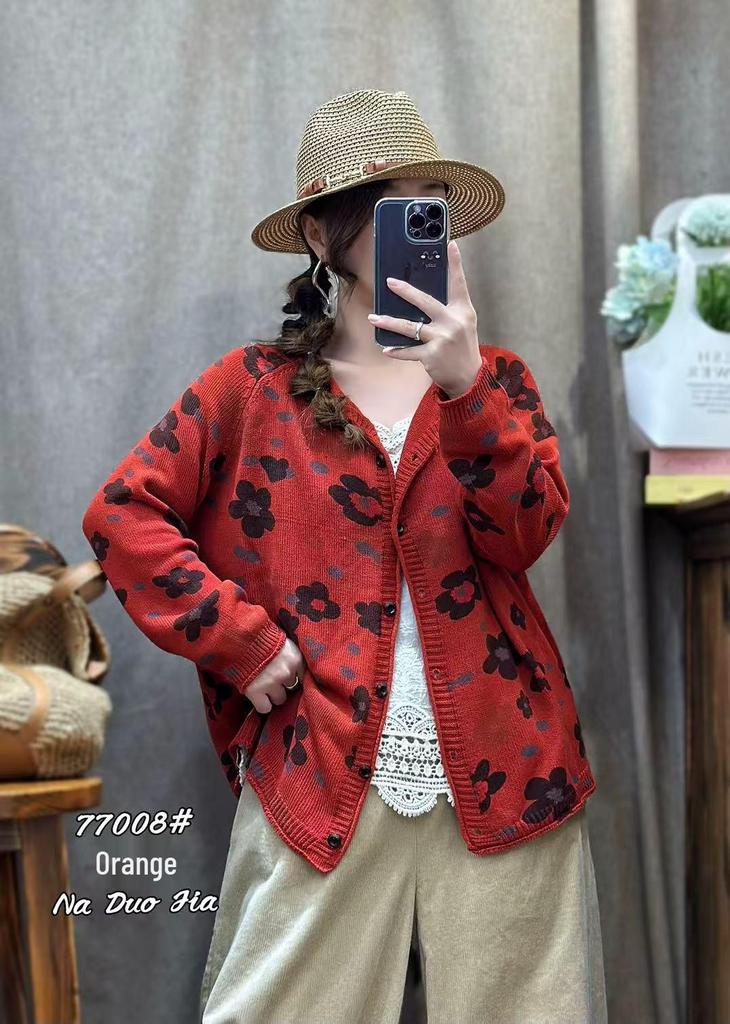 Fall 2026 Women's Loose Round Neck Knit Cardigan with Retro Floral Print