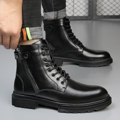 Bottes Martin à fermeture éclair latérale pour hommes, montantes, style britannique, cuir, outillage, bottes de locomotive, automne et hiver, rehaussantes, en velours, chaudes