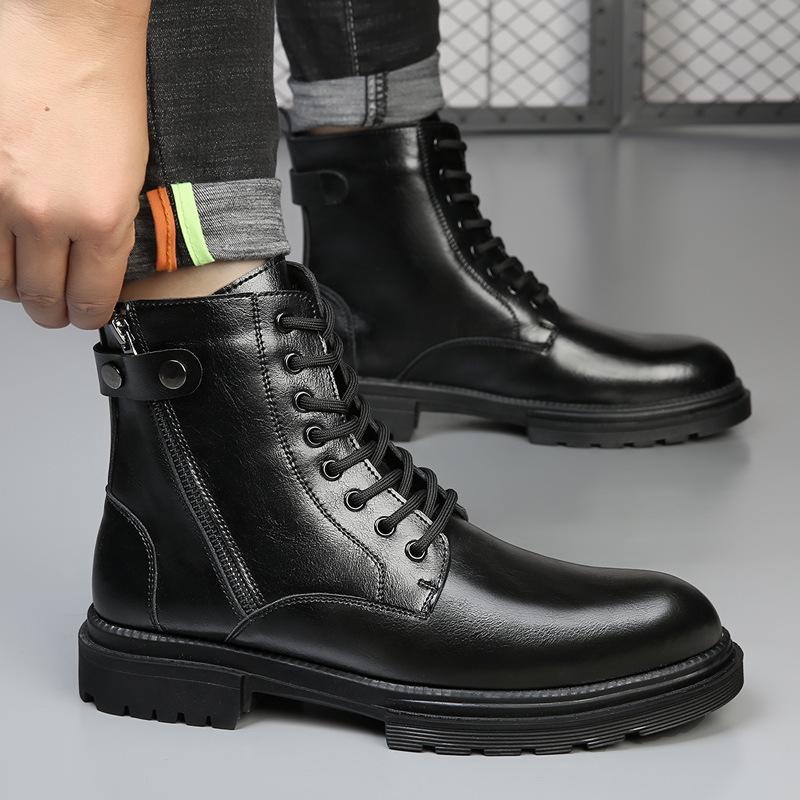 Side Zipper Martin Boots Men's High-top British Style Leather Tooling Locomotive Boots Autumn and Winter Heightening Velvet Warm Boots