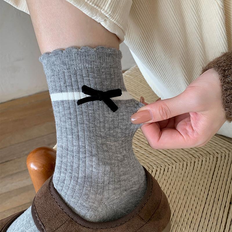 Songmu Velvet Gray Series Medium Tube Women'S Socks Korean Girl Bow Stacking Socks