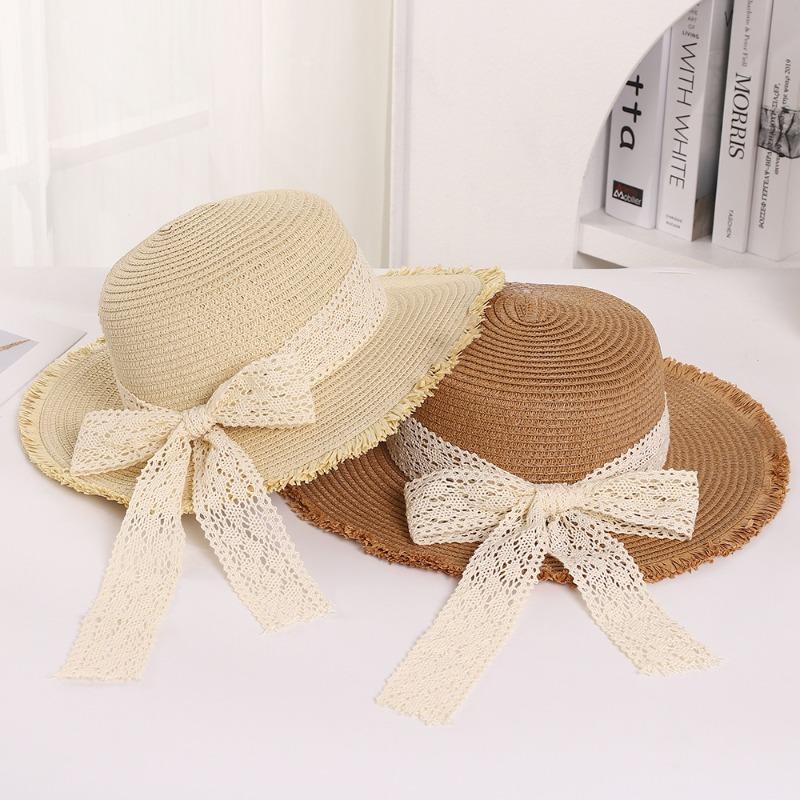 Summer Raffia Flat Top Burr Straw Hat Small Fresh Lace Bow Sweet Shade Outdoor Sun Hat Straw Hat