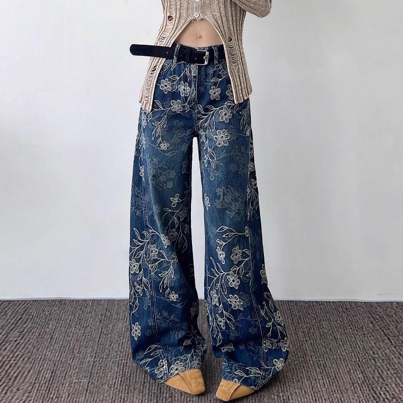 

Blue Retro Chic High-Waisted Embroidered Jeans - 2026 Winter Velvet-Lined Straight-Leg Pants 31 (68-73 kg)