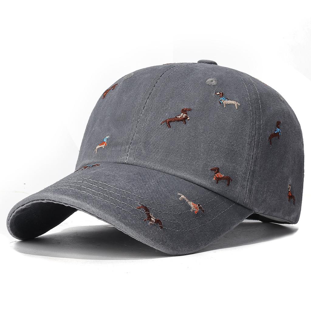 Washed Baseball Cap with Dog Embroidery Vintage Streetwear Hat
