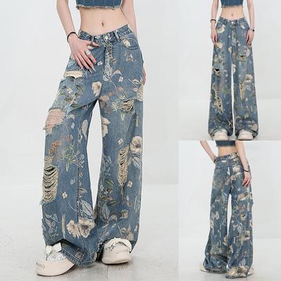 Ladies Fashion Retro Personality Wash Old High-Waisted Retro Loose Straight Leg Jeans