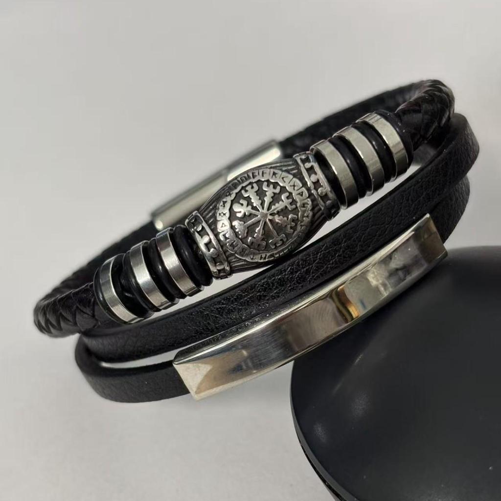 European & American Fashion Men's Leather Bracelet - Viking Rune, Multi-layer Woven with Magnetic Buckle