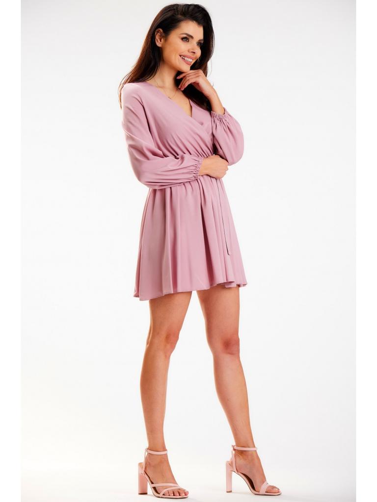 Flared Mini Dress with a Wrap Neckline and Long Sleeves, Dusty Pink M