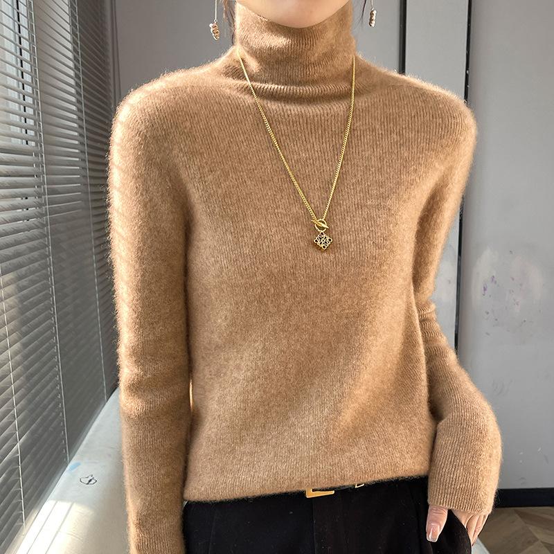 Moda Donna Casual Autunno Inverno Tinta Unita Stampa Manica Lunga Collo Alto Top Abbigliamento Donna Maglioni Maglieria Lana