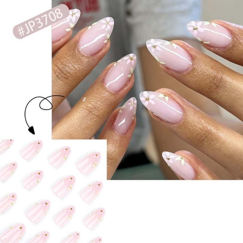 Französische Spitze Press-on-Nagel Kurzer Acrylnagel mit Blumendesign Mandel-Falschnagel für Damen Maniküre-Nagel 24 Stück