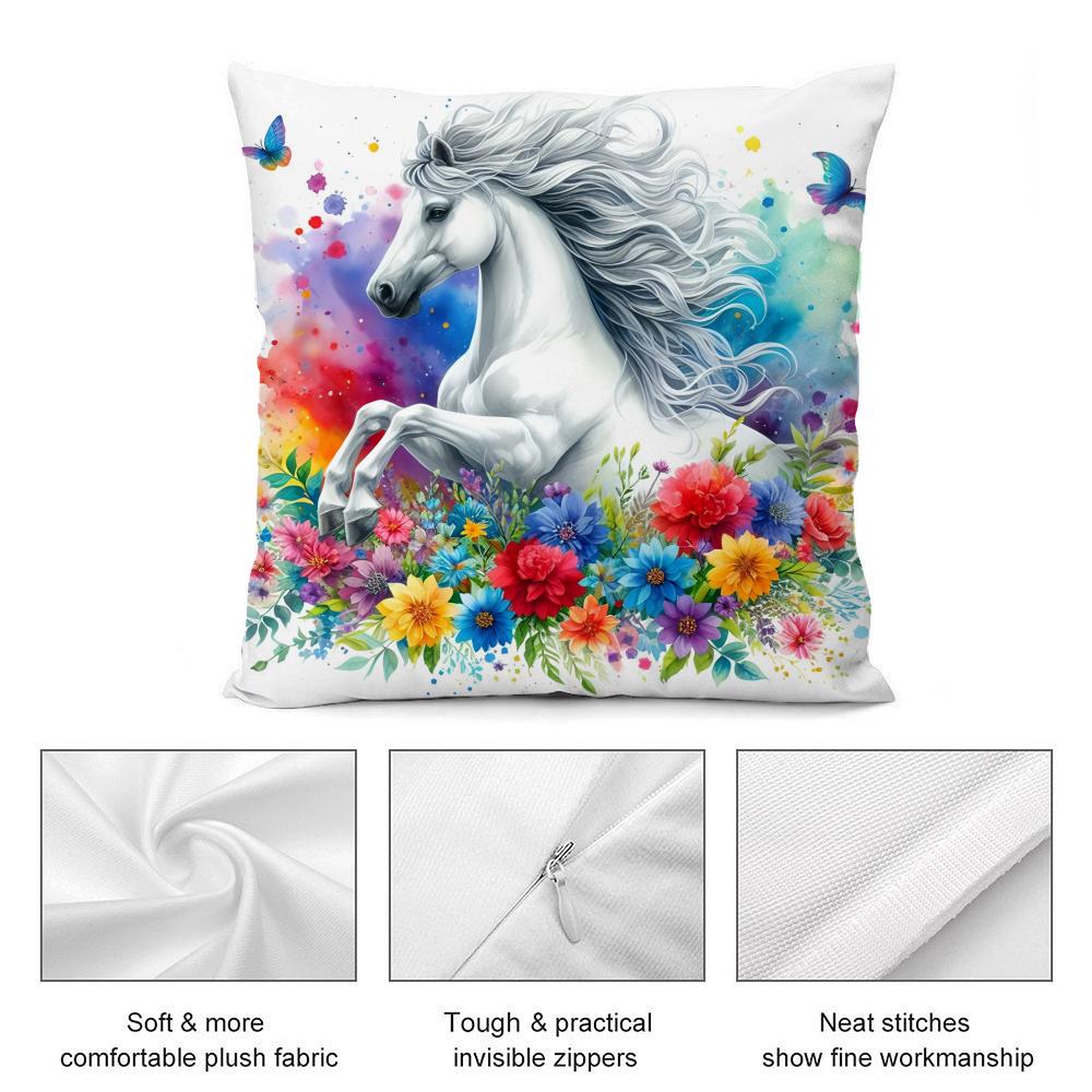 Watercolor Horse Floral Cushion Cover Soft Plush Fabric DoubleSided Printed Cushion Covers for All Seasons Modern Home Decor