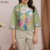 ZANZEA Women Casual Round Neck 3/4 Sleeve Loose Retro Print Blouse