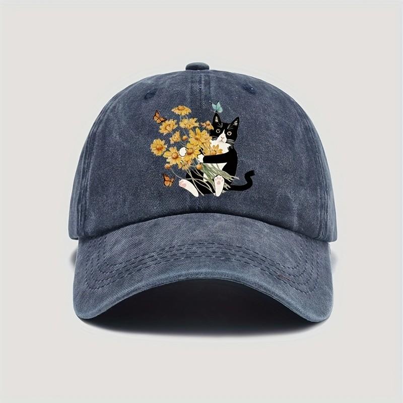 Cute Cat With Yellow Flowers Baseball Cap Distressed Denim Casual Adjustable Washed Cap