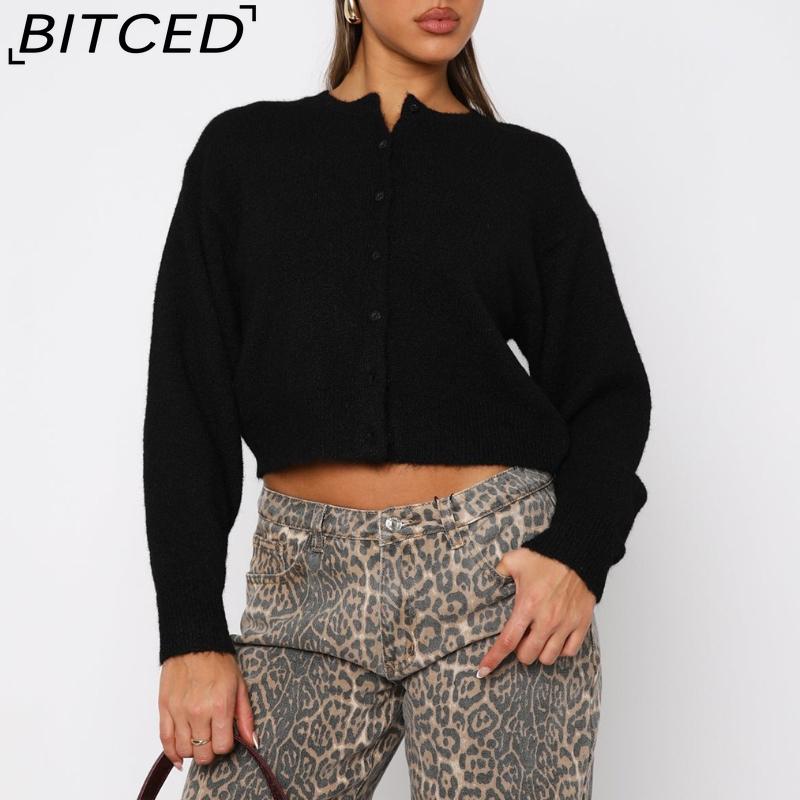 

Женский удобный повседневный однотонный вязаный кардиган на одной пуговице, короткая куртка, свитер-топ L чёрный