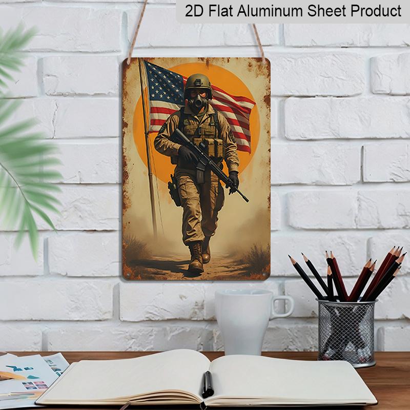 2D Flat Decorative Aluminum Sign Plaque 1pc 8x12 Inch Sign with Message "American Flag and Soldiers" Perfect Room Decor for Veteran Room, Living