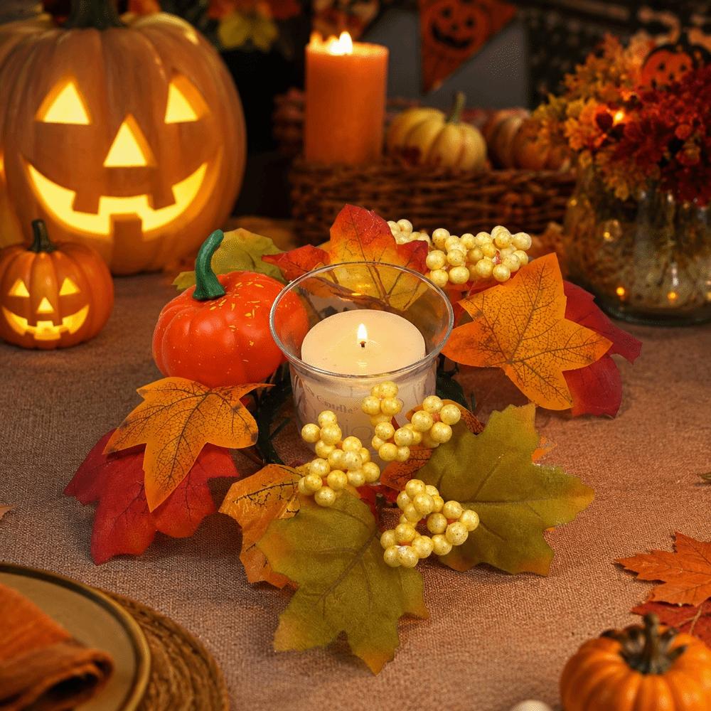 Artificial Candle Ring Wreath Handmade Maple Pumpkin Wreath Autumn Floral Garland Table Decor