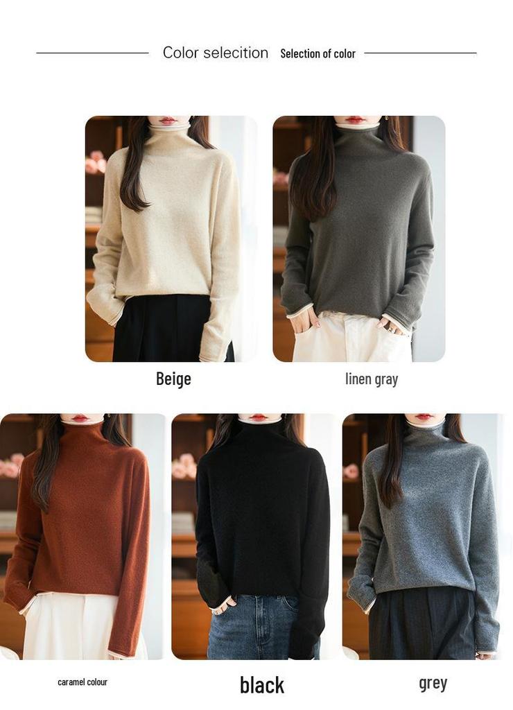 Autumn/Winter Color Block Pure Wool High-Neck Slouchy Knit Sweater for Women