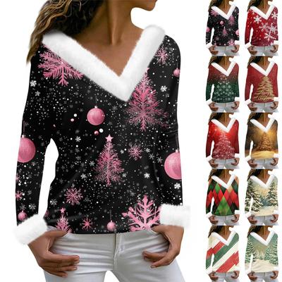 Women's T Shirt Tee Print Shirt Long Sleeve Party Fleece Collar V Neck Pullover T-shirt Top