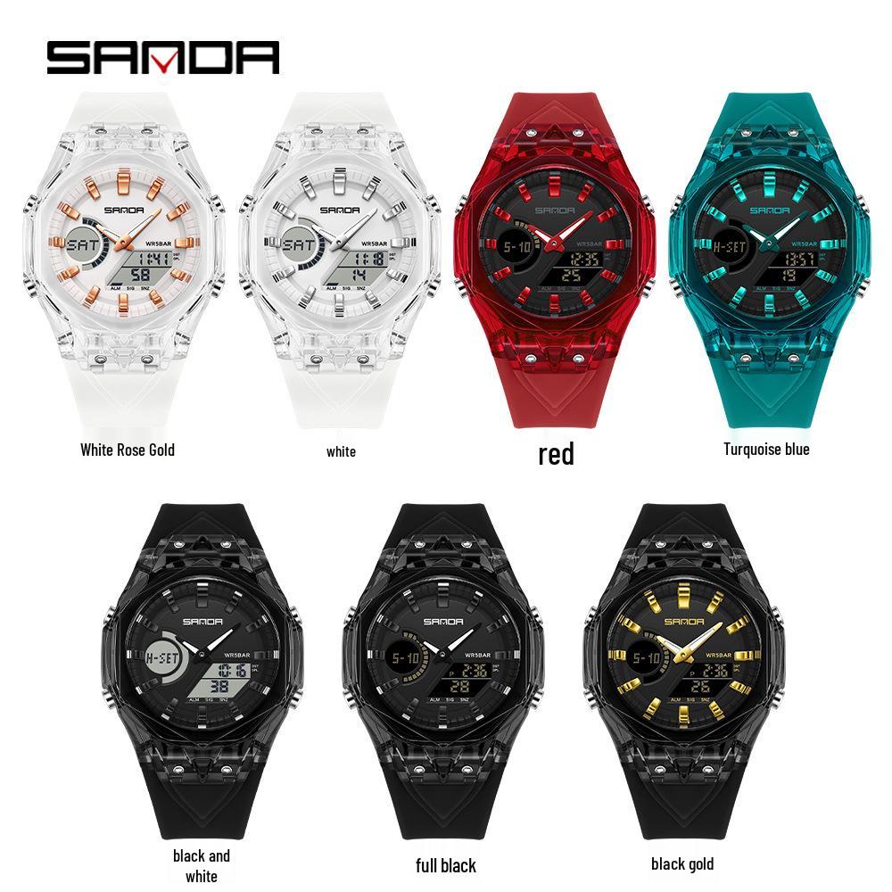 Sanda Dual Display Multifunction Fashion Wristwatch with Colorful Transparent Case for Youthful Korean Style