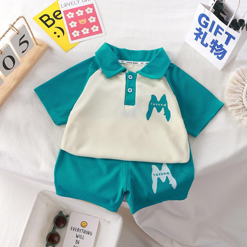 2026 New Korean Style Color Blocked Summer Children's Collar Polo Shirt Set