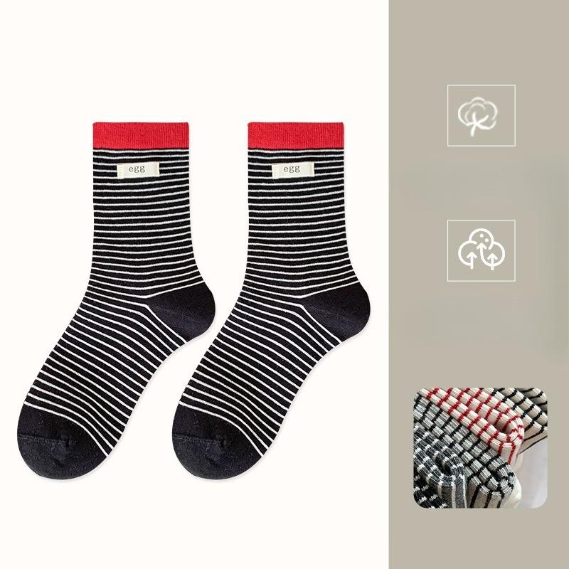 Women's Spring and Autumn New Color Contrast Cloth Label Boneless Striped Tube Stack Socks