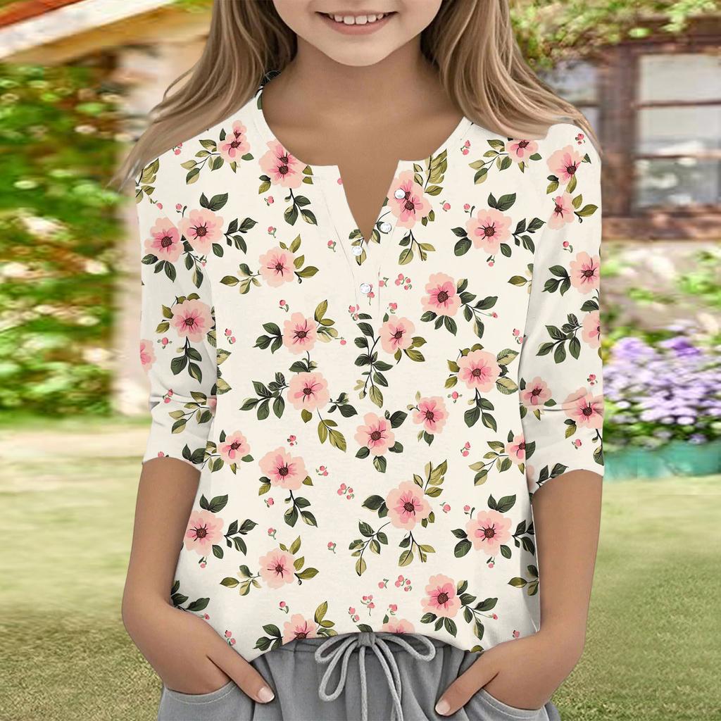 Print Tops For Youth Girls V Neck Button 3/4 Sleeves T-Shirts Trendy Tops Outfit Tees