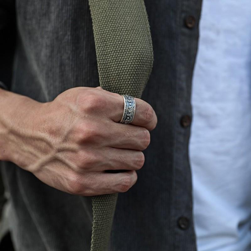 Adjustable Sterling Vintage Tibetan Mantra Ring Men Women Geometric Ethnic Style Lucky Charm Band
