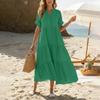 Damen Lässiges Kurzarm Maxikleid V-Ausschnitt Lockerer Schnitt Stufiger Rüschensaum Leichtes Sommerkleid mit Taschen