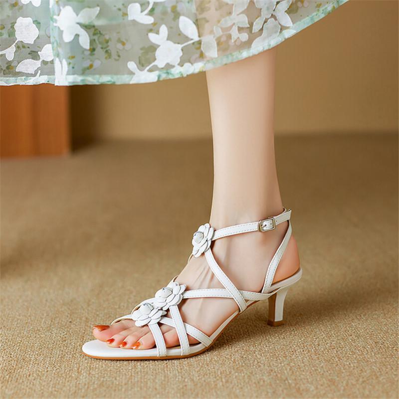 Fashion New Summer Sandals Split Leather Shoes for Women Fashion Flower Round Toe High Heels Shoes Women Ladies Shoes Zapatos De Mujer